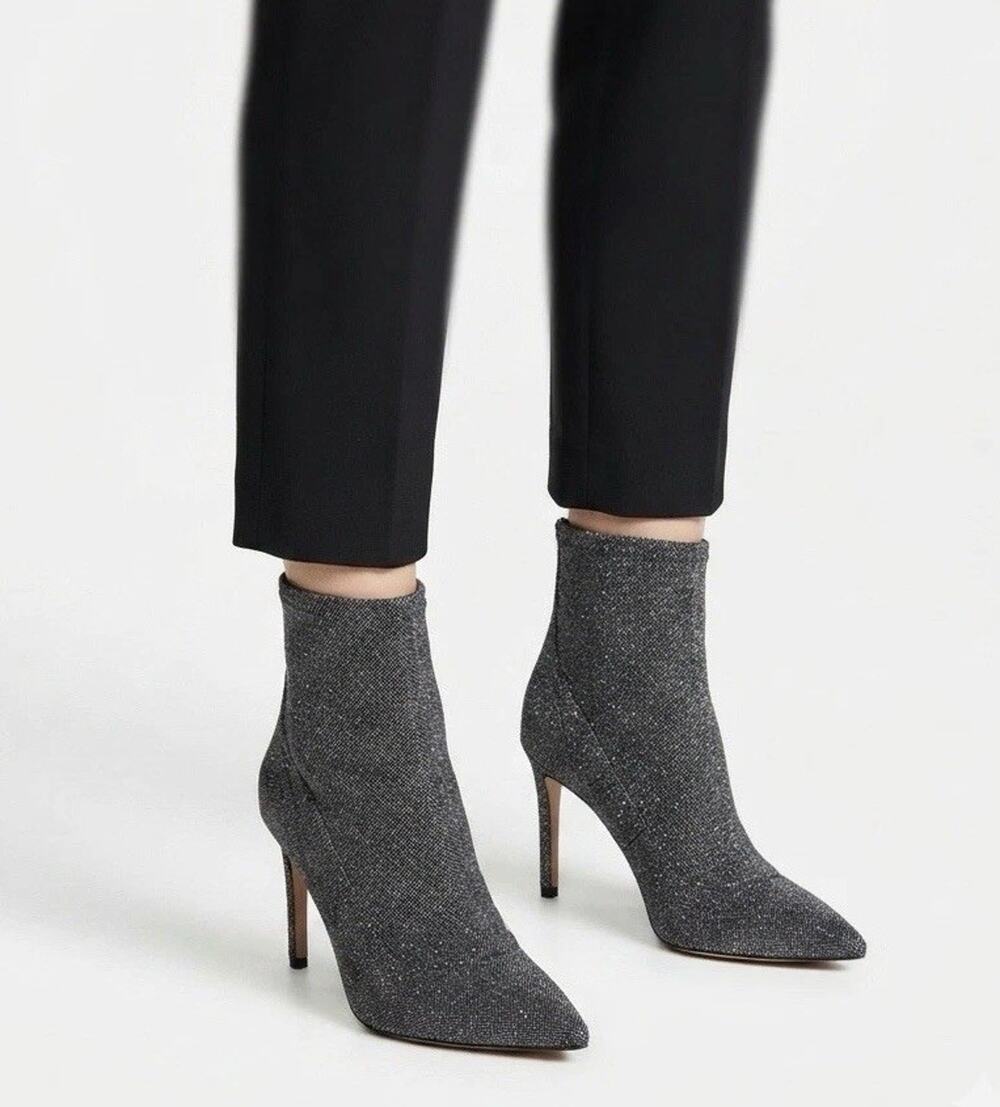 Jewel Badgley Mischka Finley Glitter Ankle Boots Womens 6.5 Black Silver Stilett